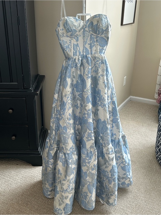 none Dresses & Skirts - Women’s Blue Floral Strapless Gown Blue, white and silver size small